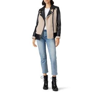 Slate & Willow Women's Black & Cream Faux Sherpa Aviator Leather Moto Jacket XS